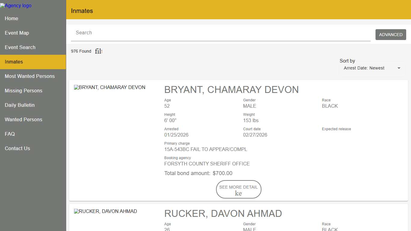 Forsyth County Sheriff's Office Police to Citizen - Inmates catalog